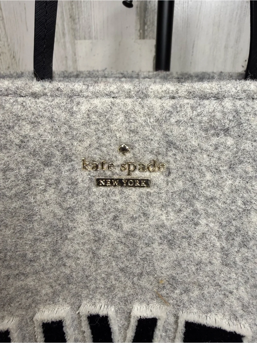 Kate Spade Gray  'NOUVEAU YORK' Tote with Black Leather Trim Like New